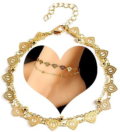 Dishowme Foglia Cuore Paillettes Cavigliera Bracciale Boho Perline a strati Love Heart Cavigliera Perline Monete Summer Beach Piede Catena Gioielli per Donne Ragazze (Oro A)