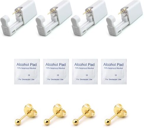 Bavooty Getta per Piercing All'orecchio Kit,Pistola Oer Piercing All'orecchio,Pistole Usa e Getta Asettiche,Set di Pistole Perforanti,Pistola Orecchini con Orecchini a Bottone,per Donna e Uomini,oro,4pcs