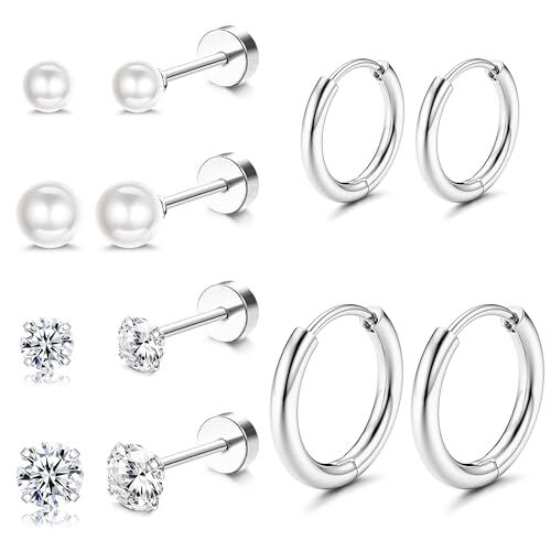 Dochais 6 Paia Orecchini Donna Piccoli Argento Orecchini Cerchio Oro 14K Ipoallergenico Orecchini Zirconi Cubici Perla Cartilagine Trago Conch Helix Piercing per Donna Ragazze Uomo