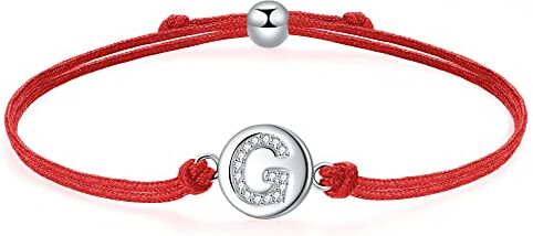 J.Endéar Bracciale Lettera G in Argento Sterling 925, Lettera Iniziale Disco con Catena in Filigrana Fatta a Mano Regolabile da 24cm, Rosso