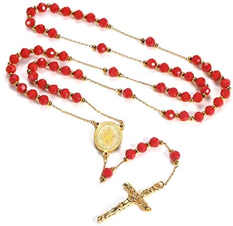 FaithHeart Rosario con perline, rito cattolico, per donna e uomo, collana extra lunga e Acciaio inossidabile, colore: Crystal Beads-red, cod. TN12044K-61-E