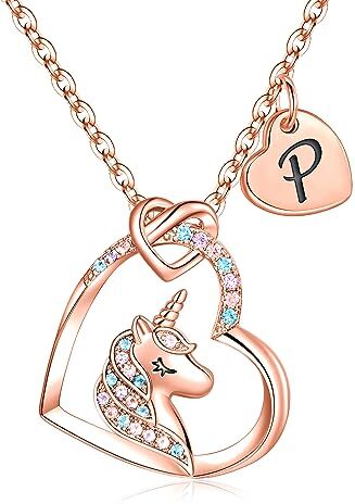 TINGN Collana Unicorno Regali per Ragazze, Collana con Ciondolo Unicorno in Oro Rosa 14K con Lettera Collana Unicorno per Bambini Iniziale P Collane Unicorno per Ragazze Gioielli Regali per Ragazze