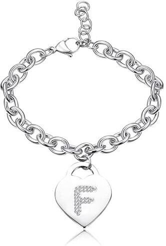 SiLo Bijoux Bracciale con lettera iniziale donna con STRASS in acciaio con lettera NOME charm cuore e cristalli argento alfabeto misura regolabile, nascita, anniversario,idea CONFEZIONE REGALO INCLUSA (F)