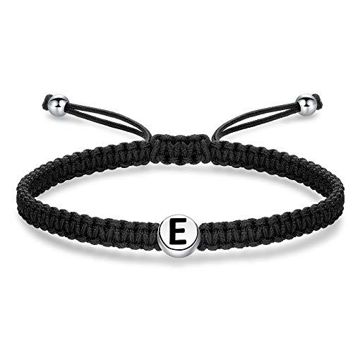 J.Endéar Bracciale Iniziale E per Donna Uomo Argento 925 Bracciale Lettera Bracciale Fatto a Mano con Filo Intrecciato Bracciale Nero