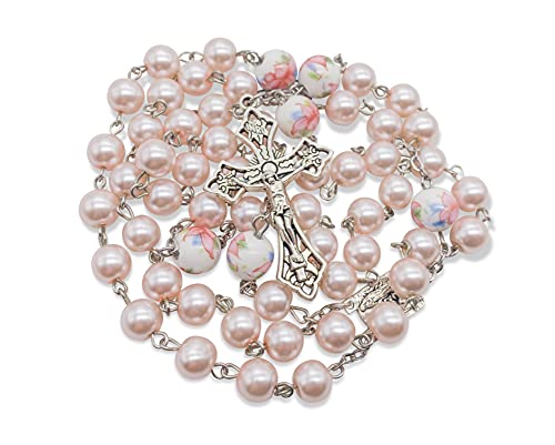 Nazareth Store Rosario con perle rosa e fiori bianchi, collana con medaglia di Lourdes e crocifisso, 55CM, Vetro, Perla
