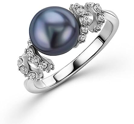 OROVI Anello Donna Argento Sterling 925 Rodiato con Perla Nera Coltivata d'Acqua Dolce MM 8,00 fra due spirali di Zirconi taglio Brillante. Gioiello in Argento solido anallergico.