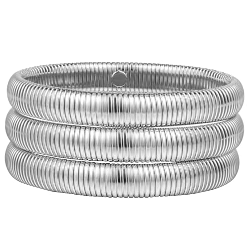 Emibele Bracciale d'Argento da 3 Pezzi, Titanio non Appannare Bracciale Elastica, Flessibile Braccialetto Bangle Ampio, Braccialetto a Catena Serpente Stratificato per Donne, Argento