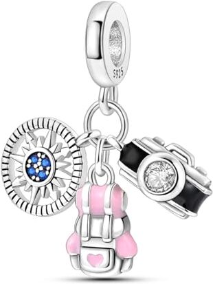 NARMO 925 Sterling Silver Pendenti Pendenti Rosa Zaino con Macchina Fotografica Bead Charms per Bracciali Donne Gioielli Regali