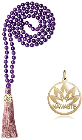 COAI Collana Mala 108 Grani di Pietra Dura Ametista con Nappa Rosa e Amuleto Namaste Fiore di Loto per Uomo e Donna