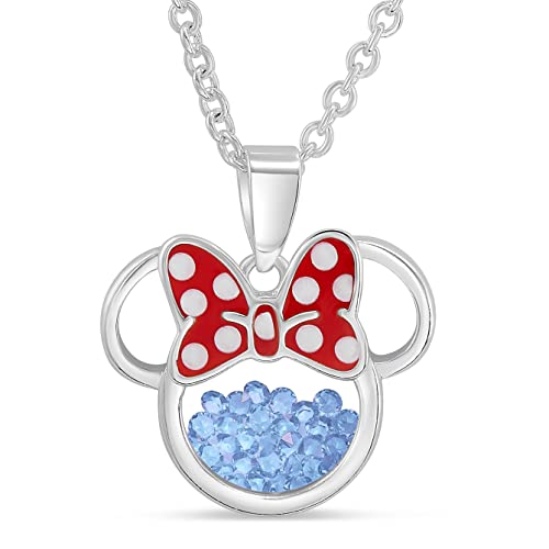 Disney Birthstone Women and Girls Jewelry Minnie Mouse Silver Plated Shaker Pendant Necklace, 18+2" Extender Mickey's 90th Birthday Anniversary