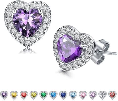 NIUSIMAN Cuore Birthstone Orecchini Donna, Oro Bianco Placcato S925 Piercing Orecchio acciaio chirurgico per le Donne Ragazze Mamma Lavanda Cuore Birthstone Orecchini San Valentino Compleanno Giugno