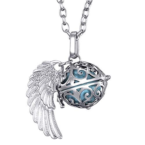 Morella Catenina donna angelo custode in acciaio inox 70 cm con ciondolo ad ali di angelo e sfera blu chiaro Ø 16 mm in sacchetto di velluto