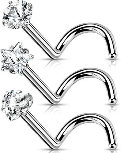 OUFER Piercing da Naso in Titanio Massiccio, 20G Piercing Naso Titanio Anello Nostril Orecchino Brillantino Anelli Studs S Curvato Piercing a Gioielli Donna 3mm CZ Star Heart Nose Ring Screw Jewelry