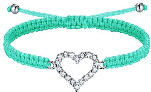 J.Endéar Bracciale Intrecciato Fatto a Mano Cuore Argento 925 Cubic Zirconia Filigrana Bracciale Corda Regalo d'Amore per Donne Ragazze, Verde