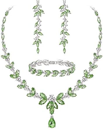 EVER FAITH Set di Gioielli da Damigella d'Onore in Cristallo Austriaco, Collana di Strass Marquise Elegante con Foglie, Orecchini Pendenti, Bracciale da Tennis, Verde Chiaro Argento Fondo