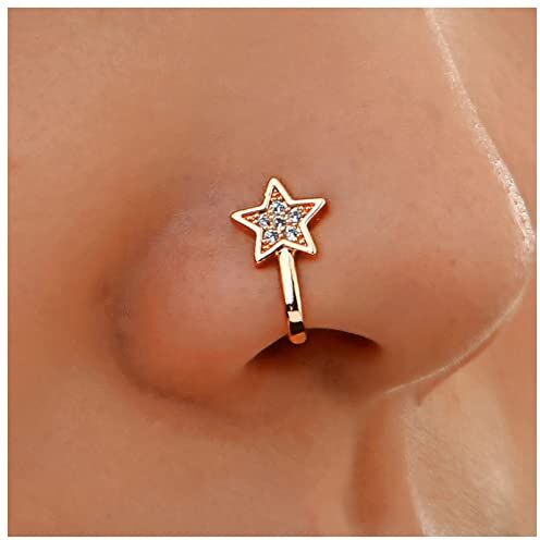 Inilbran Punk Crystal Star Naso Anello Gold Star Nose Cuff Hoop Ring Vintage CZ Star Anello Naso Finto Anello Naso Non Trafitto Gotico Clip On Naso Anello Gioielli per Donne e Ragazze