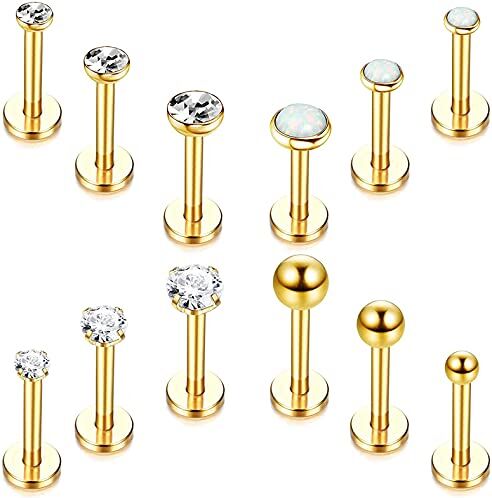 CASSIECA 12 Pezzi 16 G Acciaio Inossidabile Piercing da Uomo Donna Narice Orecchio Cartilagine Helix Labret Piercing Set Tragus Piercing Gioielli Penetranti, Argento, Oro, Nero