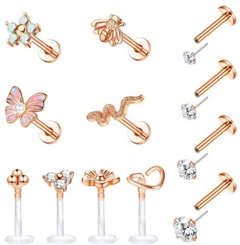 JeryWe 12Pcs 16G Orecchini Tragus Donne Acciaio Chirurgico Acrilico Chiaro Labbro Anelli del Naso Piercing Labret Helix in avanti Medusa Conch Monroe Senza Filo Spingere in Anelli Labbro Oro Rosa