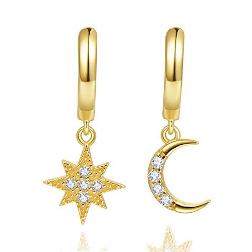 SMCTCRED Orecchini a cerchio Huggie Star Moon, orecchini in argento sterling placcato oro 14k piccoli cz blu per donna o ragazza (d'oro)