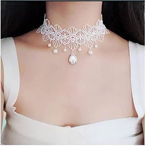 Inilbran Boho Fiore Collana Girocollo in Pizzo Vintage Waterdrop Collana con Pendente in Cristallo Collana in Pizzo Bianco Gotico Collana Piccola a Goccia Cz Gioielli per Donne e Ragazze (Stile B)