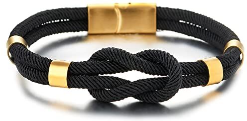 COOLSTEELANDBEYOND Uomo Donna Amicizia Nodo Nautico Nero Cotone Cinghie Doppio Cerchio Braccialetto, Fascia di Polso Oro Chiusura Magnetica