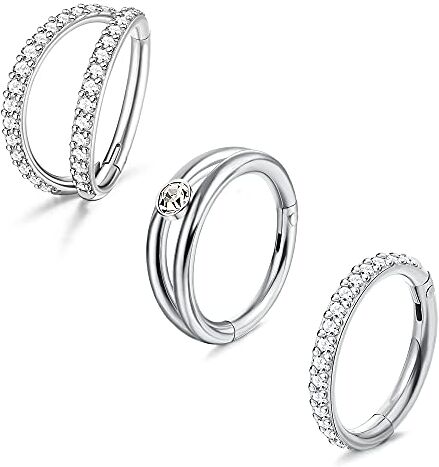 JeweBella 3PCS 16G 316L Acciaio Chirurgico Body Piercing Helix Orecchino piercing setto Hoop Double Line Clear CZ Paved Septum Ring Cartilagine Piercing Naso Tragus Orecchini 8-10MM