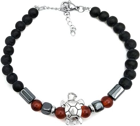 Generico Bracciale Tartaruga con Pietre Perle Regolabile, Simbolo Vita Fortuna Amicizia (Nero e Rosso Ambra)