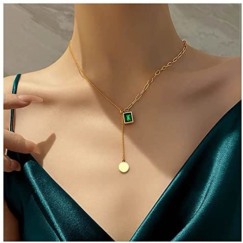 Cimenexe Collana con ciondolo in smeraldo della Boemia Collana a Y in cristallo geometrico Collana con girocollo a Y con moneta Collana in oro con disco e Lariat Collana girocollo Gioielli per donne