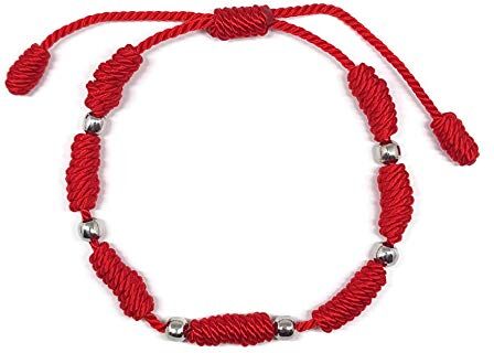 MYSTIC JEWELS by Dalia – Braccialetto Kabbalah – cordino 7 nodi di di filo rosso con sfere, unisex, regolabile, protezione da malocchio – buona fortuna, Good Luck e Acciaio inossidabile, (Rosso)