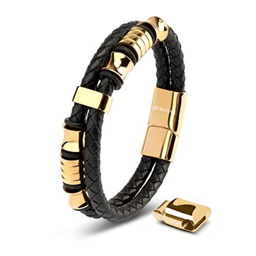 SERASAR Bracciale Uomo Oro 20cm Braccialetto Cuoio Aggiustabile Regolabile Magnetico Bracciali Braccialetti Perline Bigiotteria Bracialetto Cinturino Braciale Bambino Bracelet Corda Braciale Nere