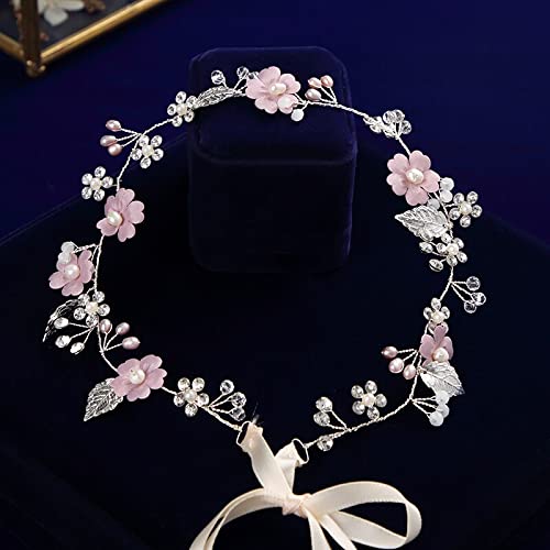 TONZN Tiara di diamanti Fiore rosa coreano Spose Fasce per capelli con nastro Fasce per capelli da sposa Gioielli per capelli da sera in cristallo Accessori per capelli da sposa fatti a mano