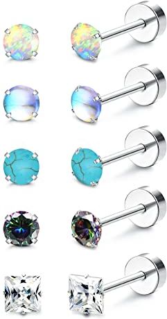 Milacolato Piercing Titanio per Donna 5Pairs G23 Orecchini in Titanio per Orecchie Piercing Cuore Opale Perla Turchese Zirconi Luna 20G Flat Back Piercing Cartilagine Tragus Conch Helix Titanio