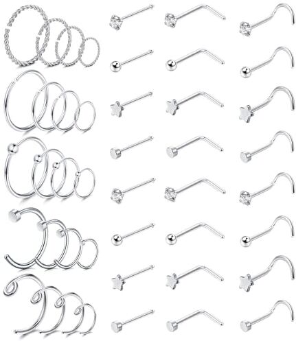 Dochais 44 Pezzi Set Piercing Naso Acciaio Inossidabile, Piercing Naso Forma di L, Piercing Naso Ipoallergeniche, Borchia al Naso per Donna Uomo 20G