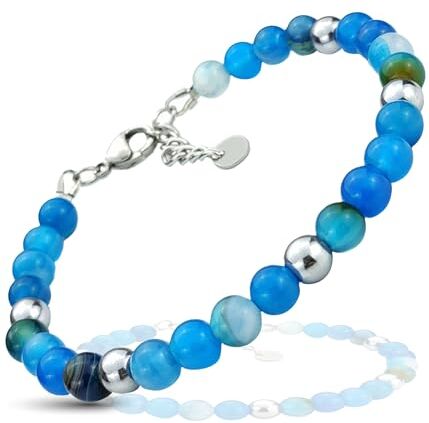 SAGA GIOIELLI ® Bracciale Uomo Donna Pietre Naturali Acciaio (AGATA AZZURRA)