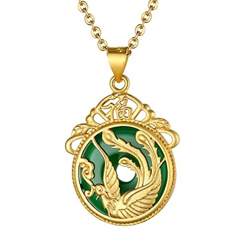 GOLDCHIC JEWELRY Collana Di Giada Cinese Phoenix, Disco Circolare Rotondo Giada Verde Collane Di Benedizione Cinese Gioielli Cinesi Di Fortuna Collana Di Pietra Verde