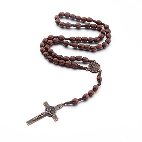 Runmeihe Collana rosario croce cattolica, perline di preghiera in legno naturale con croce medaglia Gesù Cristo San Benedetto, per i cristiani cattolici Comunione religiosa, Battesimo, Messa