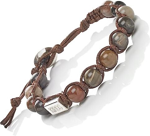 Generico KIROS Bracciale Tibetano Buddista Shamballa Tamashi Unisex Uomo Donna realizzato con Pietre Naturali 8 mm, Filo Cerato Marrone, Artigianale Fatto a Mano regolabile 3 Misure.