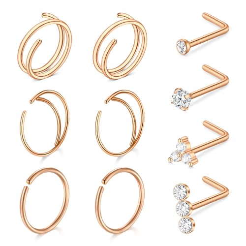 NIUSIMAN 10 pz Piercing Naso Acciaio Chirurgico Stud L A Forma di Naso Studs Anelli Set Diamante 20G Naso Hoop 8mm Diametro Oro Rosa Stratato Doppio piercing naso cerchio per Uomini Donne