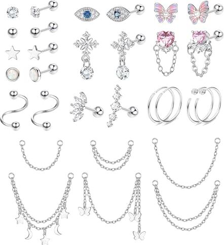 JeweBella 30 Pezzi 20G Orecchini Cartilagine Piercing Orecchio Acciaio Chirurgico per Donna Ragazza Piercing Helix Trago Conch Orecchini CZ Cuore Stella Orecchini a Cerchio Set Orecchini Donna