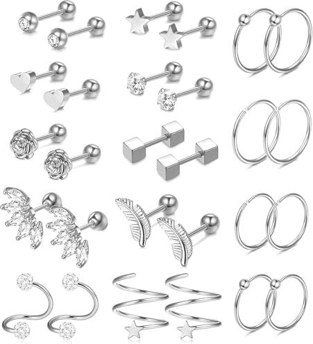 Dochais 28 Pezzi Piercing Cartilagine Helix Piercing Helix Acciaio Inossidabile Piercing Orecchio Helix Cerchio Orecchini Piercing Trago Argento Piercing Conch Orecchio per Donna 16G 18G 20G