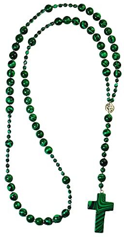 BabioKa Rosario in Malachite, rosario in Pietra Naturale, Collana Malachite per Donna, rosario Minerale, rosario Acciaio inossidabile, rosario Preghiera, rosario Comunione, Regalo per la Comunione 6 cm