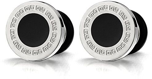 COOLSTEELANDBEYOND 10MM Cerchio Orecchini per Uomo. con Motivo Chiave Greco e Smalto Nero. Acciaio Inossidabile. 2 Pezzi