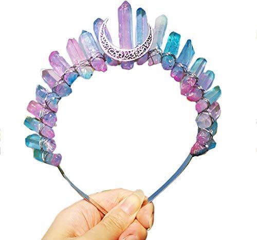 jumpXL Romantico Colorato Gioielli Tiara Corona Arcobaleno Lucido Crudo Quarzo Cristallo Fascia Etnica Donne Antico Mezzaluna Luna Metallo Cerchio Dei Capelli Cerchio di Capelli Strumenti di