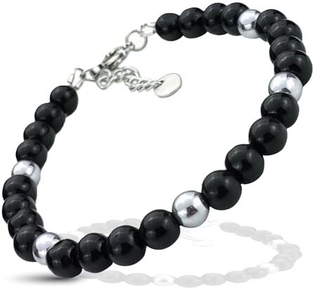 SAGA GIOIELLI ® Bracciale Uomo Donna Pietre Naturali Acciaio (ONICE NERA LUCIDO)