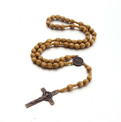 Runmeihe Collana rosario croce cattolica, perline di preghiera in legno naturale con croce medaglia Gesù Cristo San Benedetto, per i cristiani cattolici Comunione religiosa, Battesimo, Messa, Bibbia