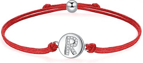 J.Endéar Bracciale Lettera R in Argento Sterling 925, Lettera Iniziale Disco con Catena in Filigrana Fatta a Mano Regolabile da 24cm, Rosso