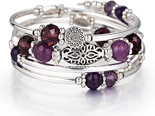 FULU AUTUMN Avvolgere il Braccialetto a Strati D'argento con Perline Bracciali Rigidi Impilabili Bohémien Gioielli Regali per La Festa Della Mamma(Viola)