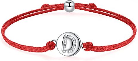 J.Endéar Bracciale Lettera D in Argento Sterling 925, Lettera Iniziale Disco con Catena in Filigrana Fatta a Mano Regolabile da 24cm, Rosso