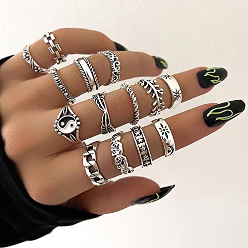 Prosy Vintage Snake Star Moon Knuckle Rings Set Silver Flower Heart Starfish Yin e Yang Finger Joint Impilabile Anello per donne e ragazze (A)