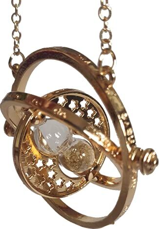 AMGadgets Collana Giratempo, Timeturner, Color Oro e Sabbia Marrone, Pendaglio 5x5cm e Collana 60cm, Gira Davvero, Pendente in Lega e Vetro di buona qualità